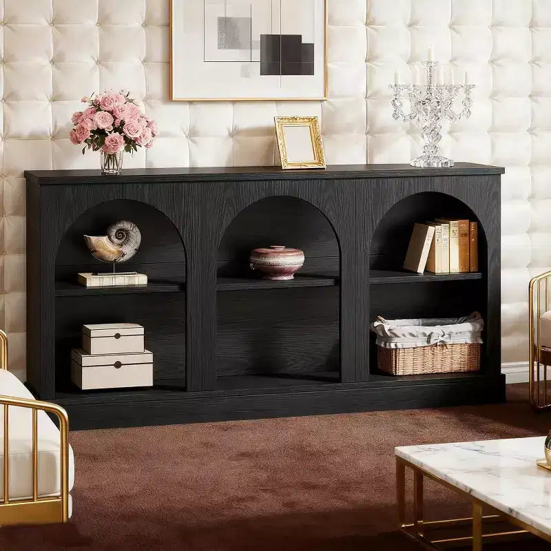 Console étroite d'entrée de 63 pouces avec étagère de rangement à 3 niveaux – Style Ferme Moderne, Noir