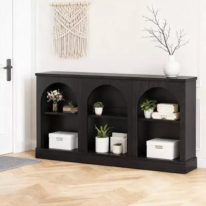 Console étroite d'entrée de 63 pouces avec étagère de rangement à 3 niveaux – Style Ferme Moderne, Noir