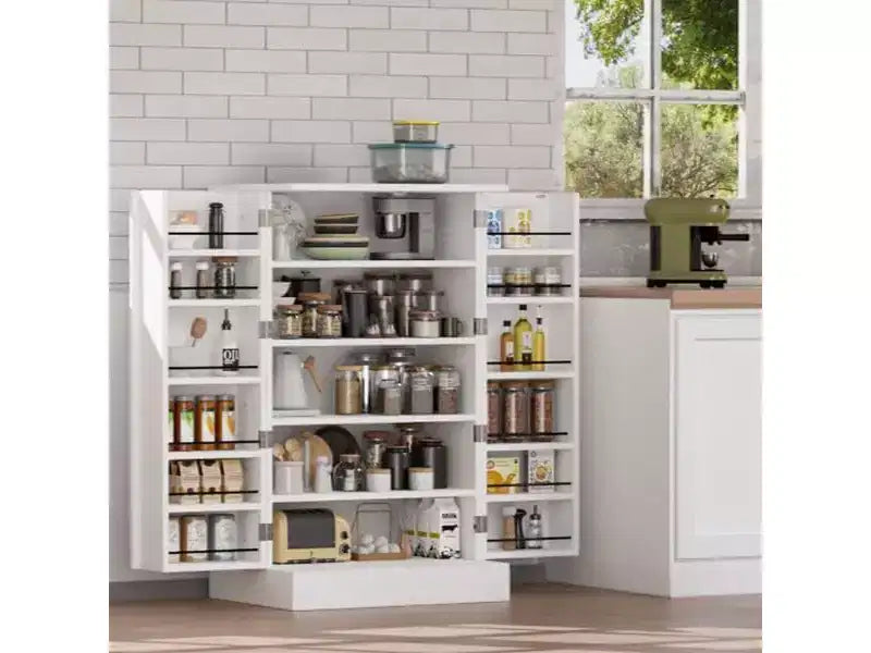 VINGLI Pantry Cabinet ,White Kitchen Storage Cabinet with 2 Doors and Adjustable Shelves, 40.5 H Food Storage Freestanding Cupboard