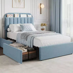Twin Bed Frame with Headboard, 2 Flexible Drawers and Bookcase for Kids Room, Blue