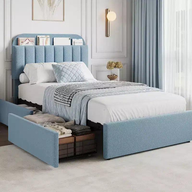 Twin Bed Frame with Headboard, 2 Flexible Drawers and Bookcase for Kids Room, Blue