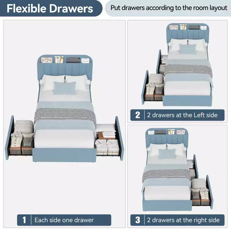 Lit plateforme double avec tête de lit bibliothèque, 2 tiroirs flexibles – Bleu, Chambre d'enfant