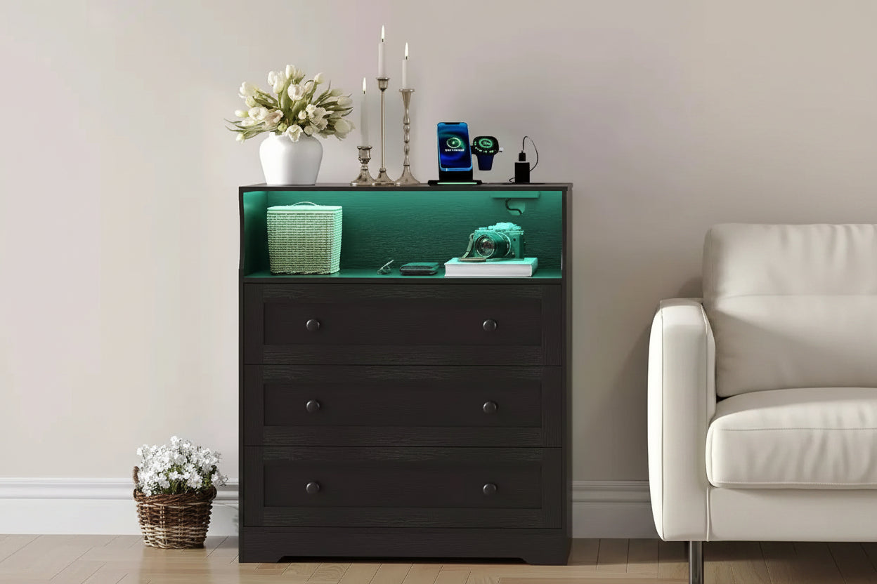 black three drawer dresser 31.5" 3-Drawer Dresser with Open Storage Shelf – Black – Territory Home Goods