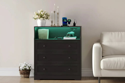 31.5 Wide 3-Drawer Dresser, with Open Storage Shelf for Living Room, Black