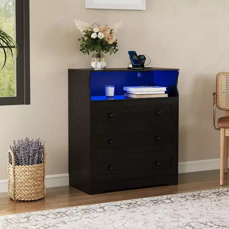 black three drawer dresser 31.5" 3-Drawer Dresser with Open Storage Shelf – Black – Territory Home Goods