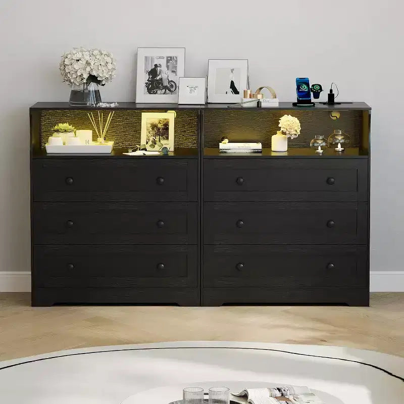 Commode à 3 tiroirs de 80 cm de large, avec étagère de rangement ouverte pour le salon, noire