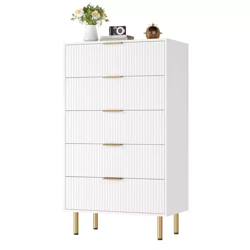 Fluted 5-Drawer Wood Dresser, Tall Chest of Drawers for Bedroom, White