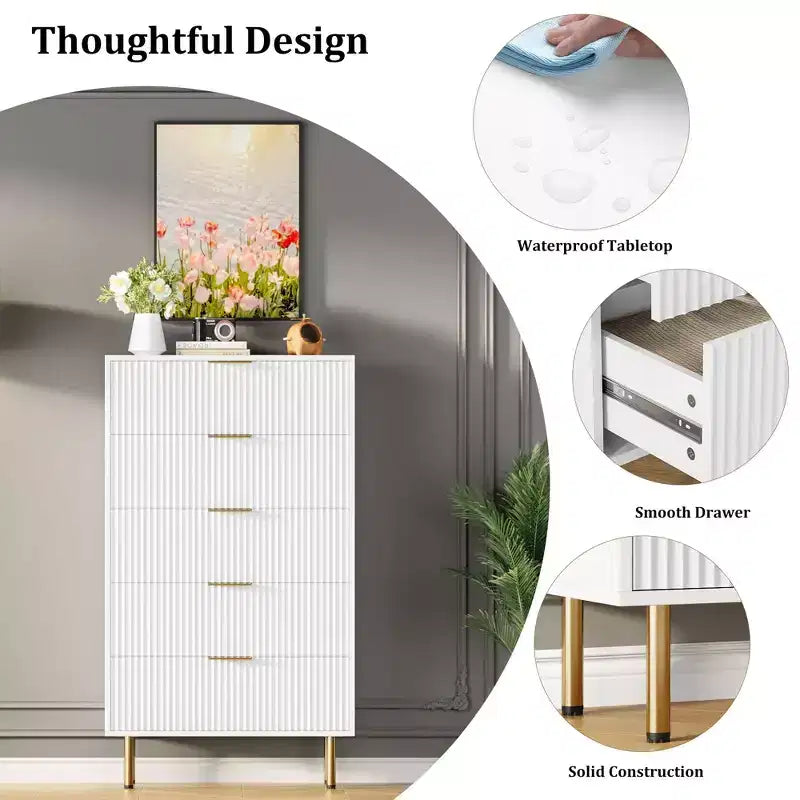 Commode haute à 5 tiroirs en bois cannelé, pour chambre, blanc