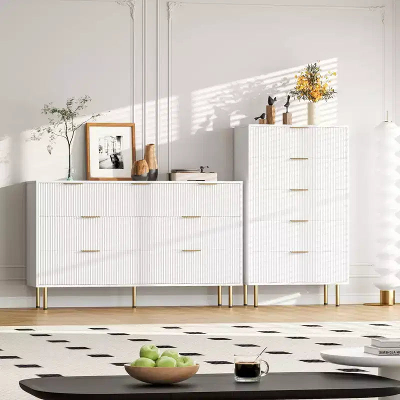 Commode haute à 5 tiroirs en bois cannelé, pour chambre, blanc