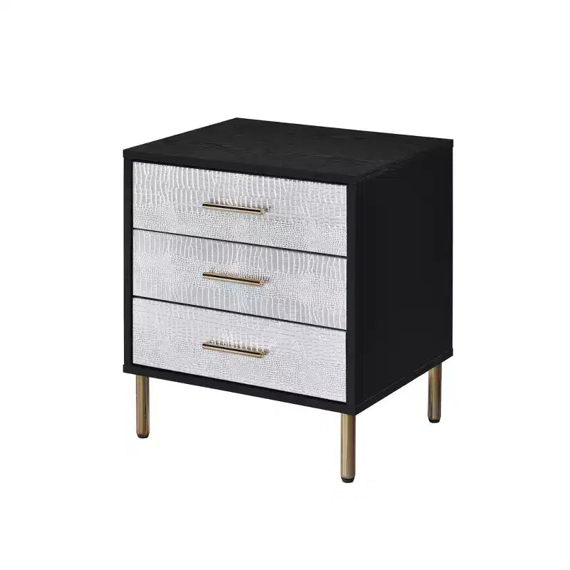 19" Contemporary Nightstand – Black, Silver & Gold Finish, Metal Frame with Drawer