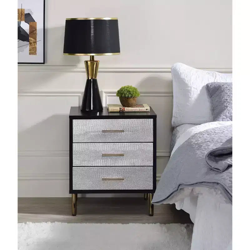 19" Contemporary Nightstand – Black, Silver & Gold Finish, Metal Frame with Drawer