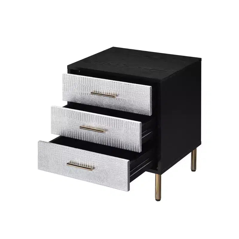 19" Contemporary Nightstand – Black, Silver & Gold Finish, Metal Frame with Drawer