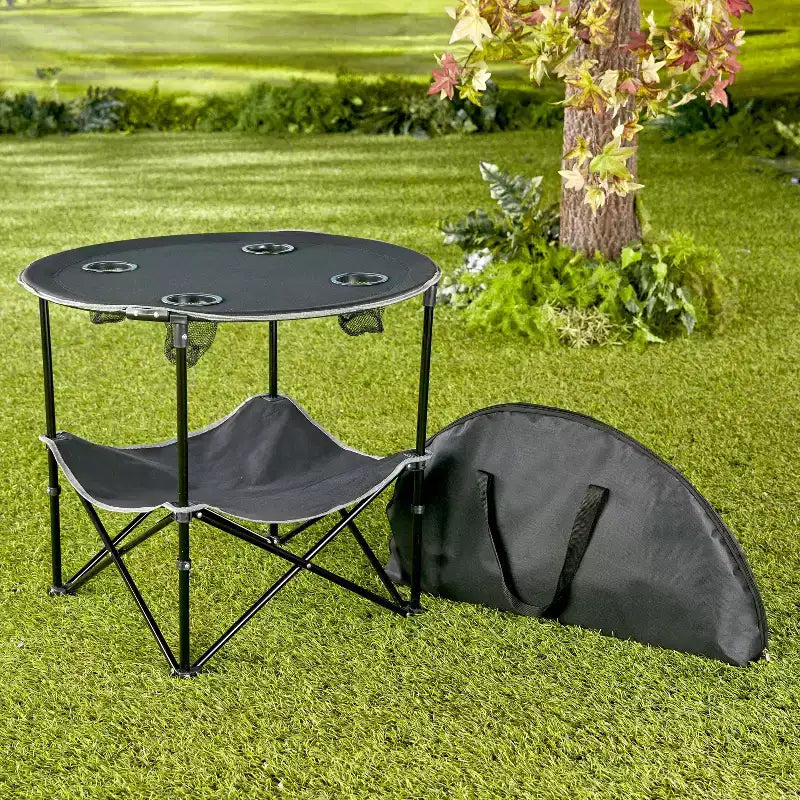 Table de pique-nique pliante portable avec étagère et porte-gobelets – Imperméable, utilisation extérieure, sac de transport inclus